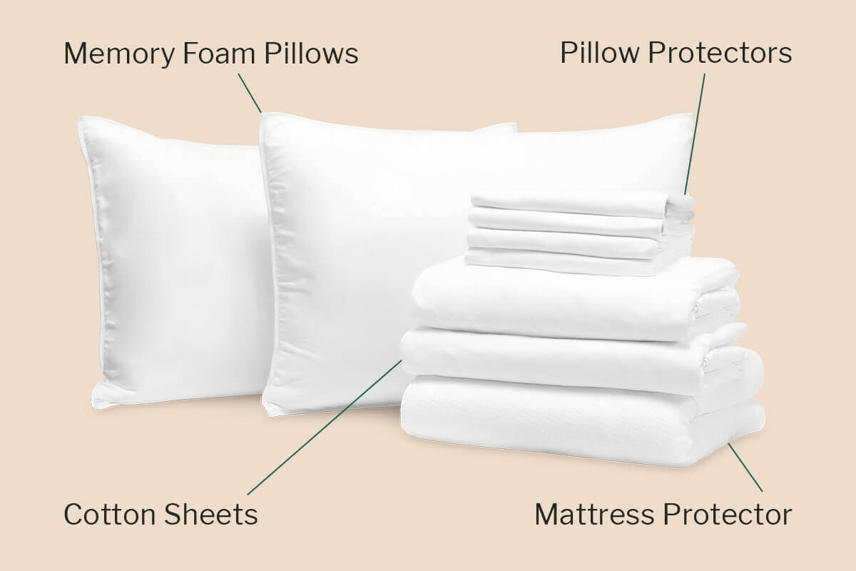 Logan & Cove Comfort Sleep Bundle items: pillows, sheets, mattress protector, and pillow protectors
